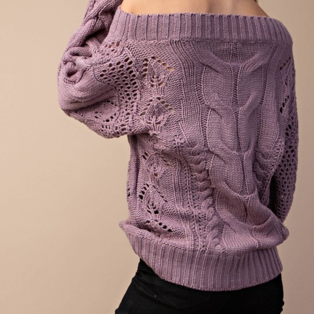 Cozy off shoulder cable knit puff sleeve Sweater - Picture 6 of 10